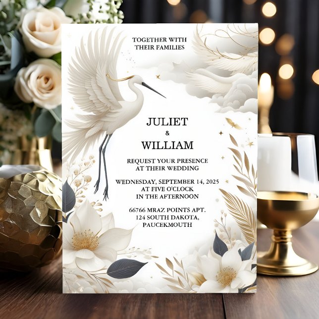 Both Feather Rustic Asian Sky Cloud Crane Wedding Invitation (Creator Uploaded)