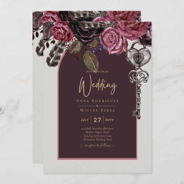 BOTHIC ROSE Burgundy Fall Wedding Invitation (Front/Back)