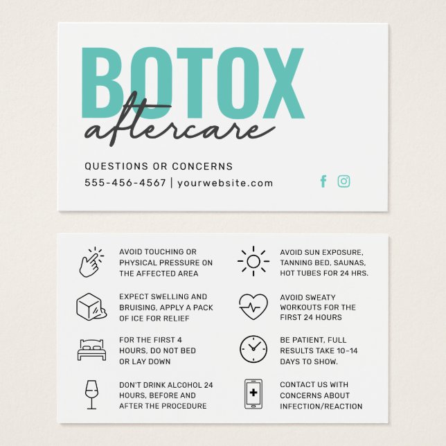 Botox Filler Injection Aftercare Instruction Card (Front & Back)