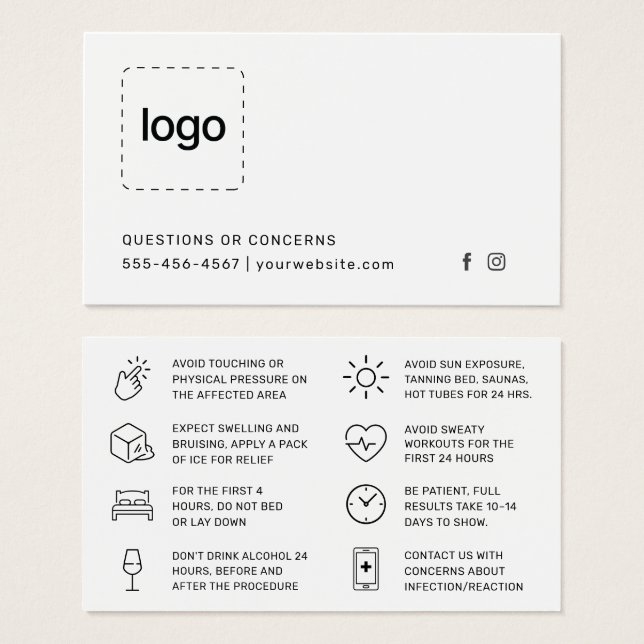 Botox Filler Injection Aftercare Instruction Card (Front & Back)