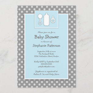 Bottle Binky Rattle Baby Shower Blue & Grey Invitation