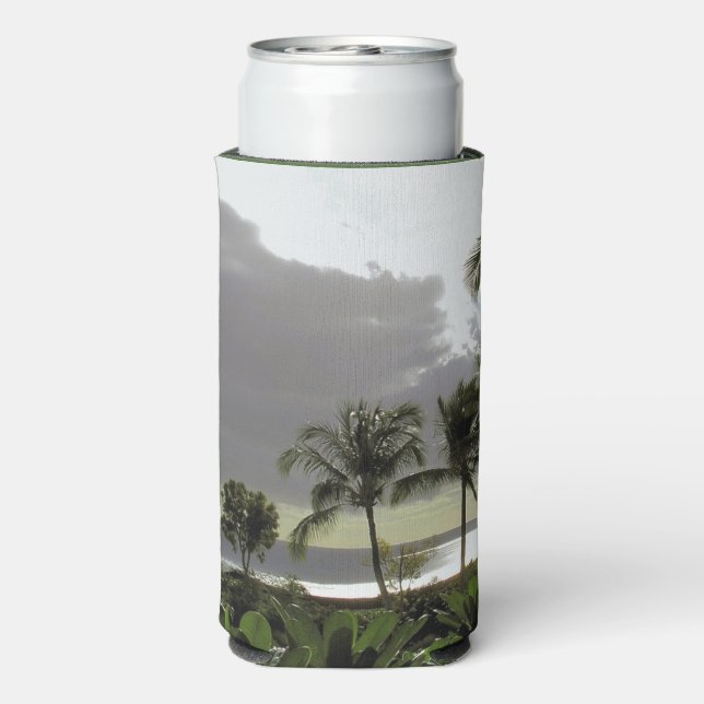 BOTTLE COOLER/PALM TREES AND SILVERY OCEAN AT DUSK SELTZER CAN COOLER (Seltzer Back)