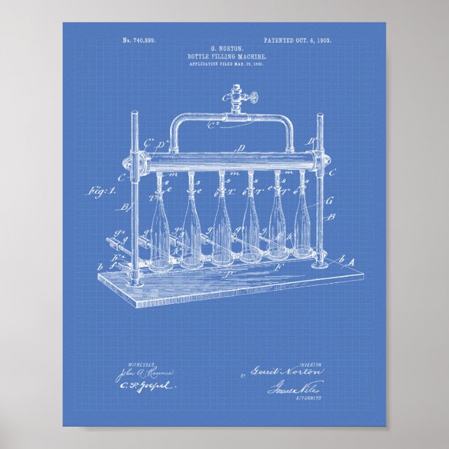 Bottle Filling Machine 1903 Patent Art Blueprint Poster (Front)