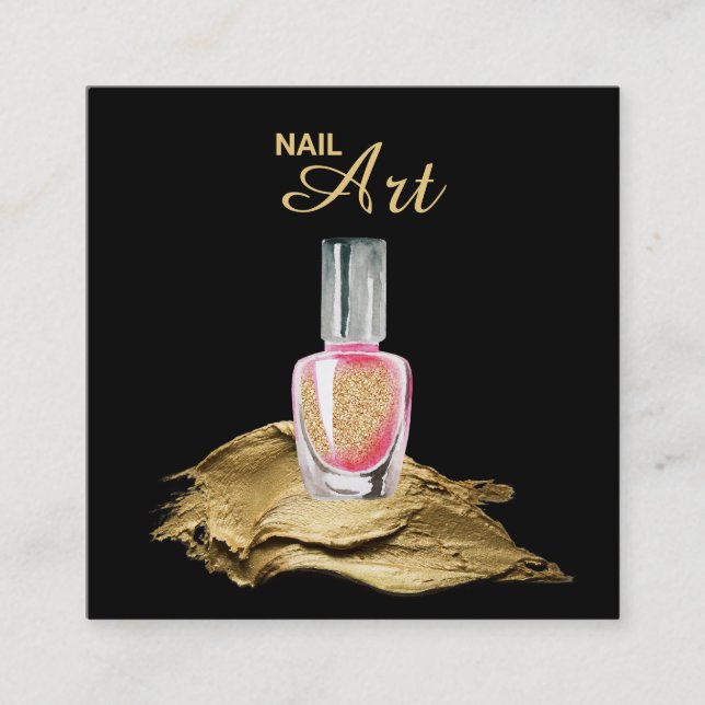 *~* Bottle Gold Glitter Strokes Nail Polish Art Square Business Card (Front)