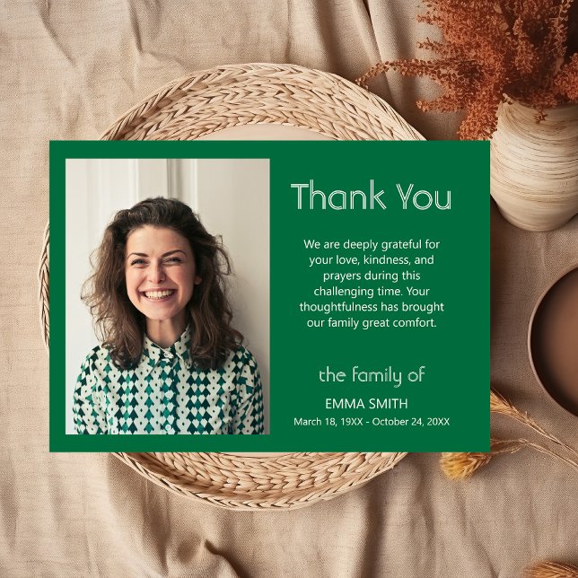 Bottle Green Classic Photo Funeral Sympathy Thank You Card (Creator Uploaded)