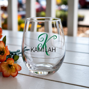 Bottle Green Elegant Initial Black Name Modern Stemless Wine Glass