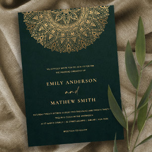 BOTTLE GREEN GOLD CLASSIC ORNATE MANDALA WEDDING INVITATION