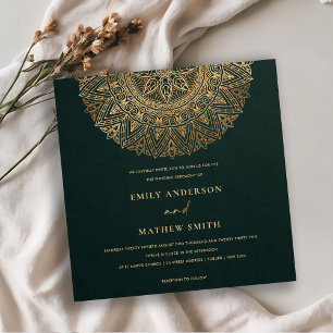 BOTTLE GREEN GOLD CLASSIC ORNATE MANDALA WEDDING INVITATION