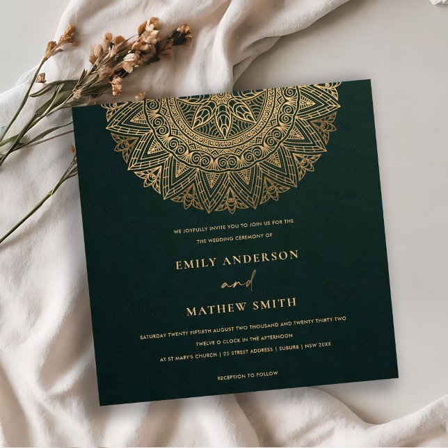BOTTLE GREEN GOLD CLASSIC ORNATE MANDALA WEDDING INVITATION (Creator Uploaded)