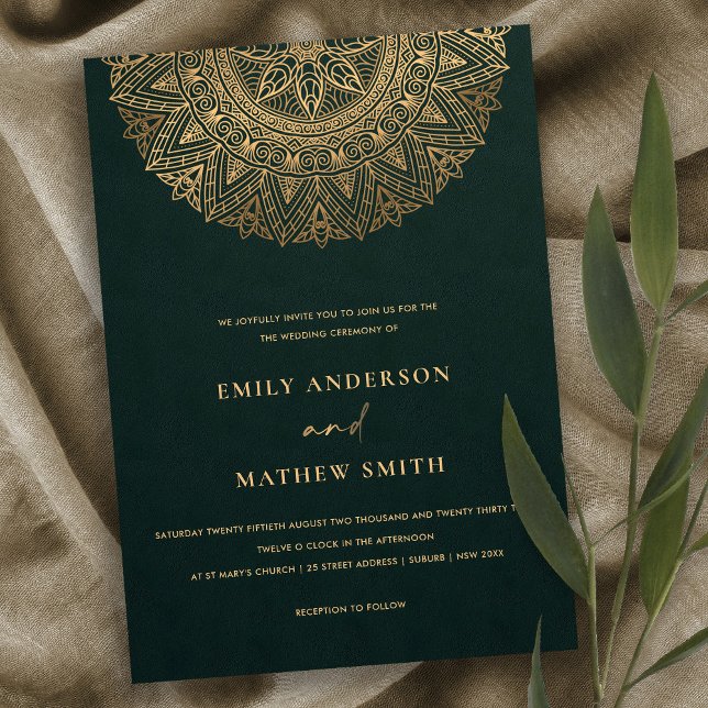 BOTTLE GREEN GOLD CLASSIC ORNATE MANDALA WEDDING INVITATION (Creator Uploaded)