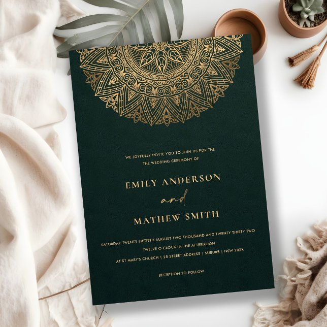 BOTTLE GREEN GOLD CLASSIC ORNATE MANDALA WEDDING INVITATION (Creator Uploaded)