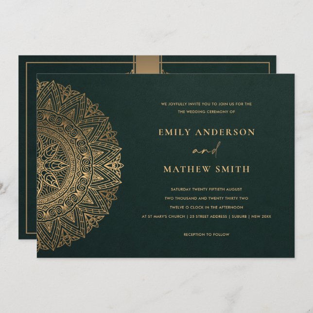 BOTTLE GREEN GOLD CLASSIC ORNATE MANDALA WEDDING INVITATION (Front/Back)