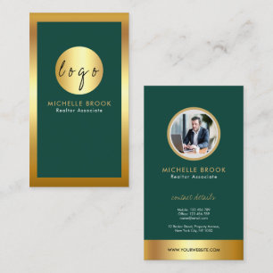 Bottle Green & Golden Logo Modern Real Estate  Business Card