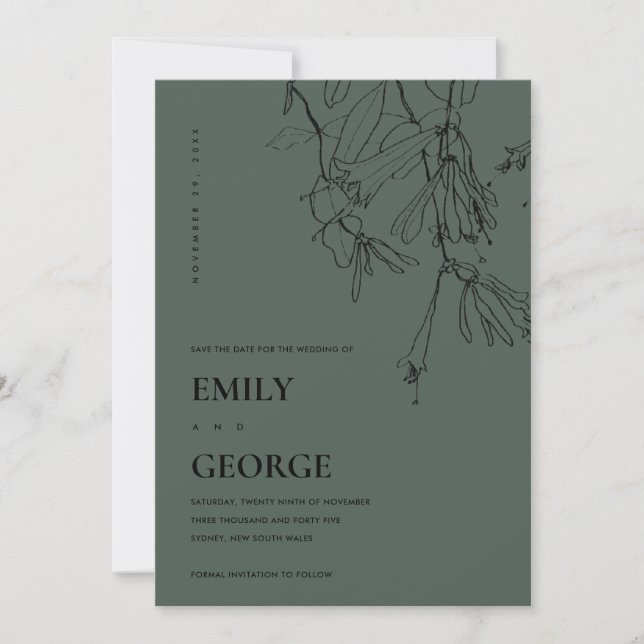 BOTTLE GREEN LINE DRAWING FLORA SAVE THE DATE CARD (Front)