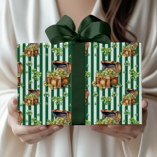 Bottle Green Striped Treasure Chest St.Patrick Day Wrapping Paper