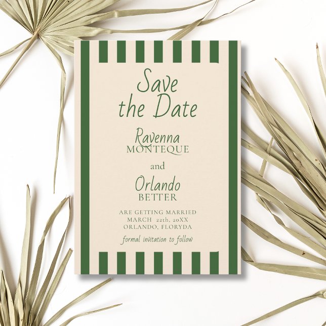Bottle Green Stripes Retro Minimalist Wedding Save The Date (Creator Uploaded)
