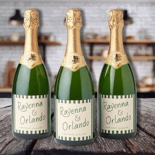 Bottle Green Stripes Retro Minimalist Wedding Sparkling Wine Label