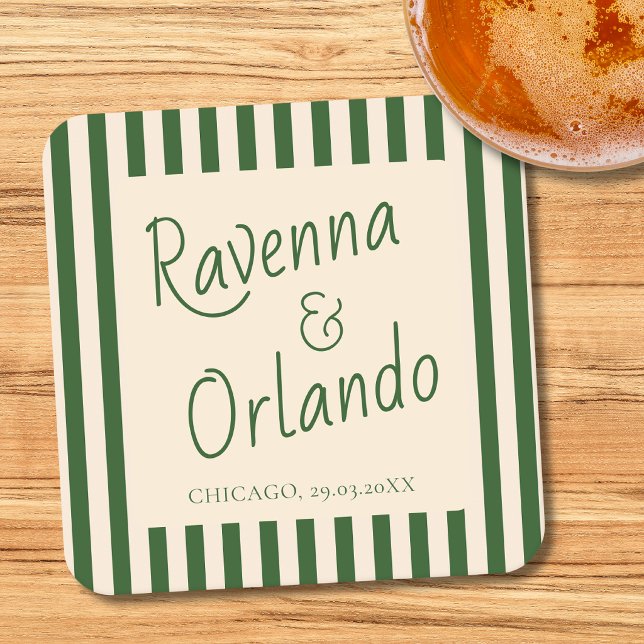 Bottle Green Stripes Retro Minimalist Wedding Square Paper Coaster (Creator Uploaded)