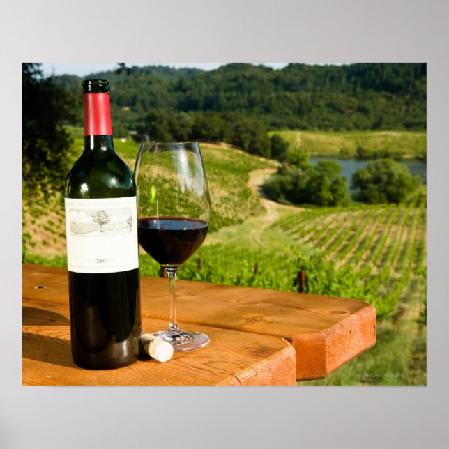 Bottle of red wine and glass on table poster (Front)