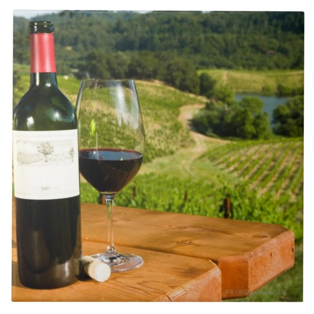 Bottle of red wine and glass on table tile (Front)