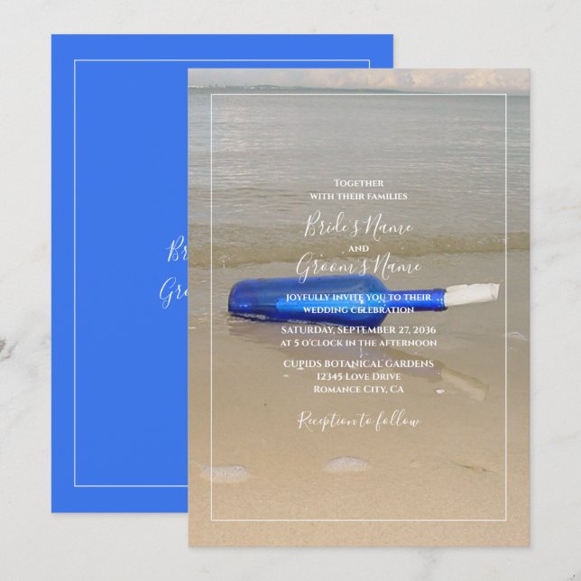 Bottle On Beach Sand Wedding Invitation (Front/Back)