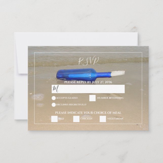 Bottle On Beach Sand Wedding RSVP Card (Front)