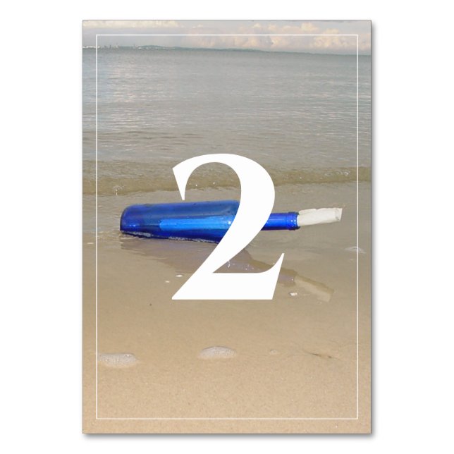 Bottle On Beach Sand Wedding Table Number (Front)