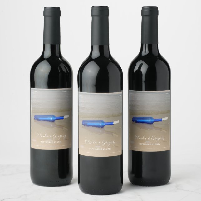 Bottle On Beach Sand Wedding Wine Label (Bottles)