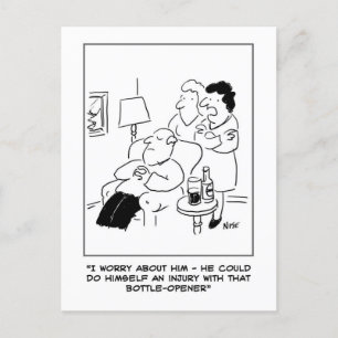 Bottle opener injury cartoon. Funny Postcard