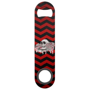 Bottle Opener skull Rose goth Chevron red and blac