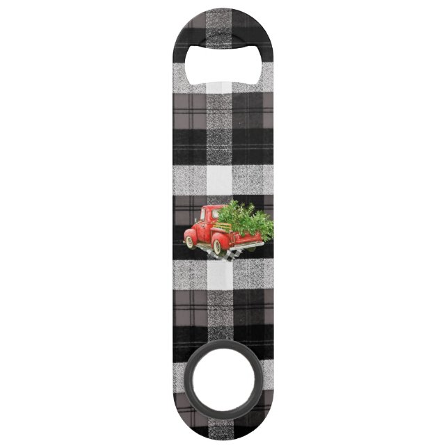 Bottle Opener XMAS Truck Baffalo Plaid Black White (Front)
