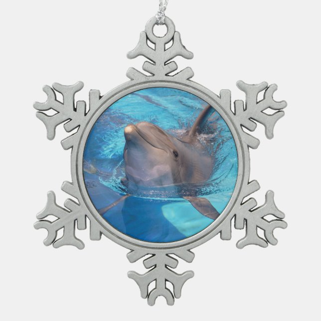 Bottlenose dolphin swimming snowflake pewter christmas ornament (Front)