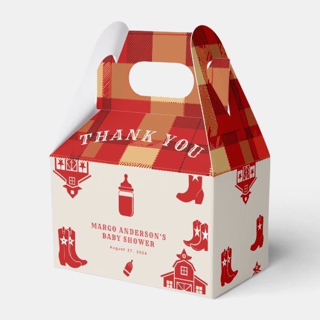 Bottles & Boots Cowboy Retro Red Baby Shower Favour Box (Front Side)