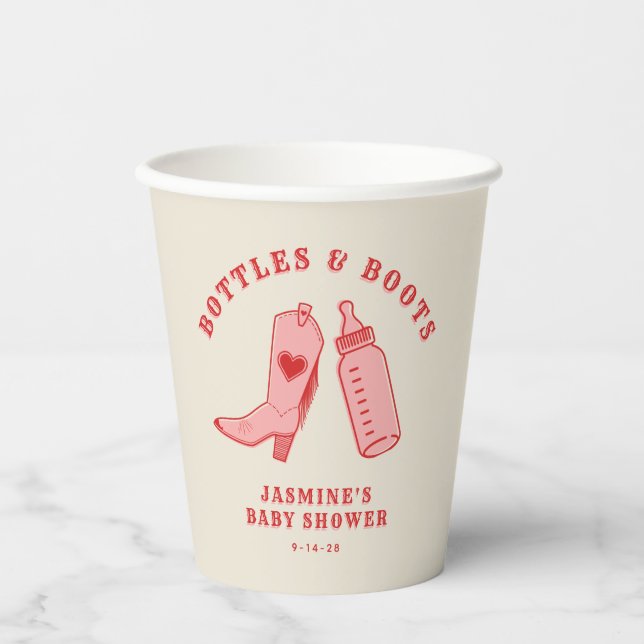 Bottles & Boots Cowgirl Western Pink Baby Shower Paper Cups (Front)