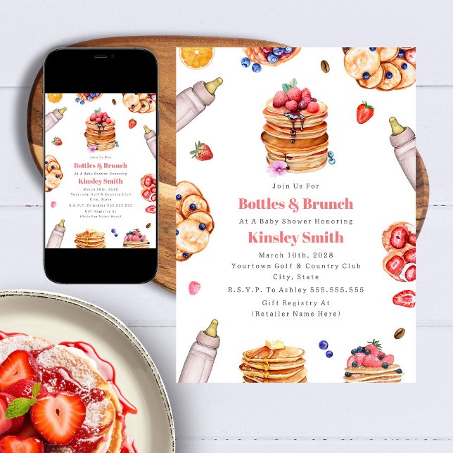 Bottles Brunch Girl Baby Shower Pancake Breakfast Invitation (Creator Uploaded)