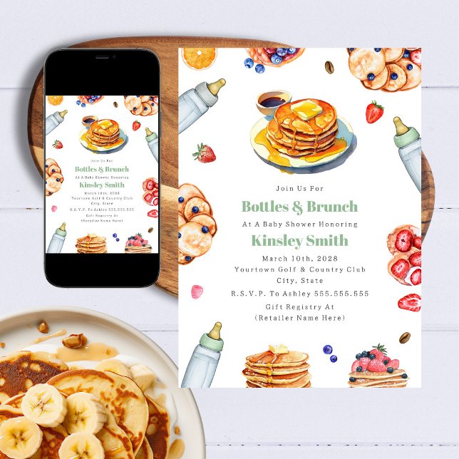 Bottles + Brunch Neutral Baby Shower Pancake Invitation (Creator Uploaded)