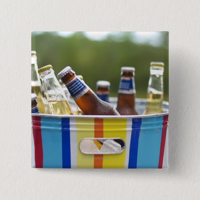 Bottles of beer in ice bucket 15 cm square badge (Front)