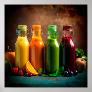 Bottles of fresh fruit and vegetable juices.  poster