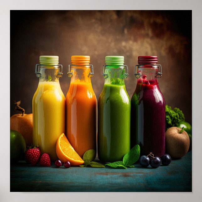Bottles of fresh fruit and vegetable juices.  poster (Front)