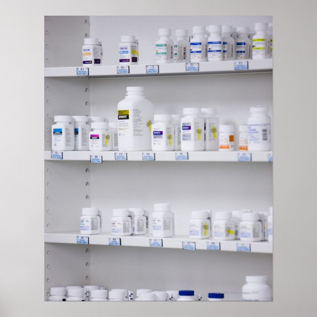 bottles on the shelves at a pharmacy poster (Front)