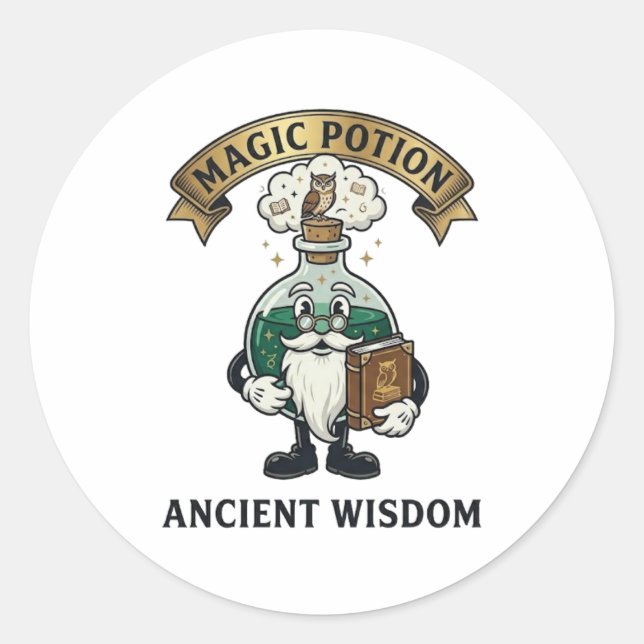 Botto Ancient Wisdom Wizard Magic Potion Owl Retro Classic Round Sticker (Front)