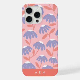 Bottom Monogram Initials Pink/Blue Floral Pattern iPhone 15 Pro Max Case