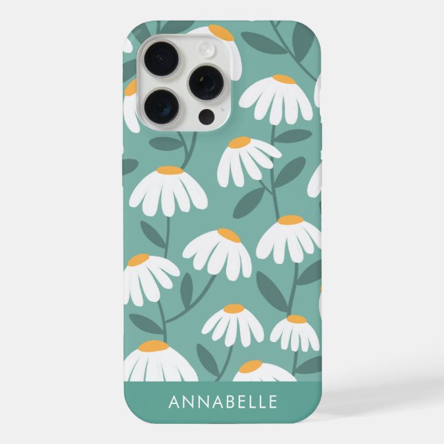 Bottom Monogram Name Green & White Floral Pattern iPhone Case (Back)