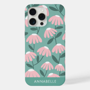 Bottom Monogram Name Pink & Green Floral Pattern iPhone 15 Pro Max Case