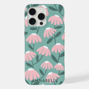 Bottom Monogram Name Pink Green Floral Pattern iPhone 15 Pro Max Case
