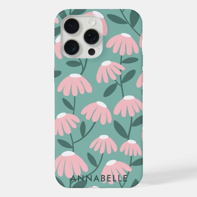 Bottom Monogram Name Pink Green Floral Pattern iPhone Case (Back)