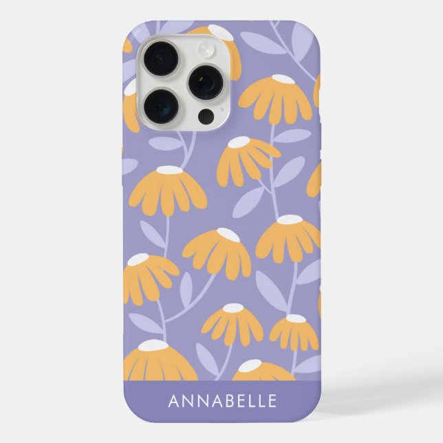 Bottom Monogram Name Yellow & Blue Floral Pattern iPhone Case (Back)