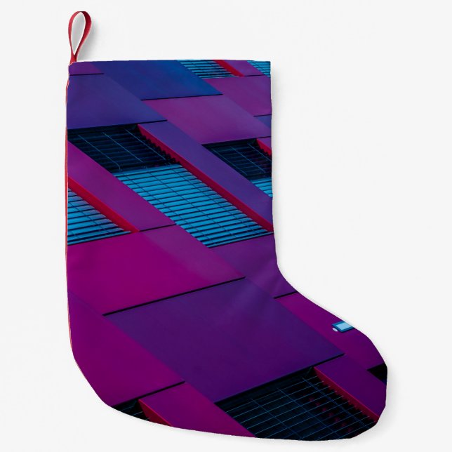 Bottom view of purple building small christmas stocking (Front)
