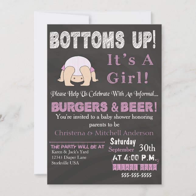 Bottoms Up Baby Shower Invitation (Pink) (Front)