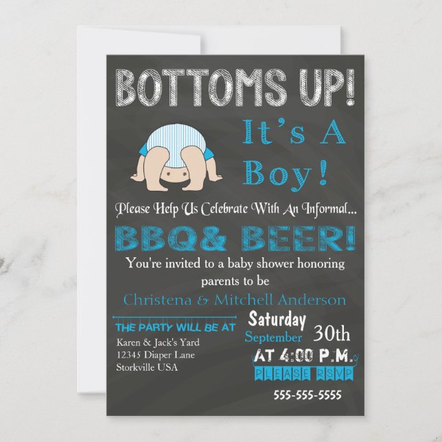 Bottoms Up BBQ Baby Shower Invitation (Blue) (Front)